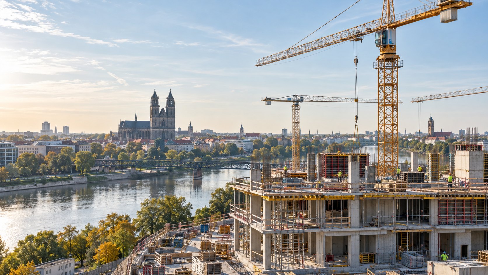 Generierte Ansicht von Magdeburg mit Dom, Elbe und Baukränen