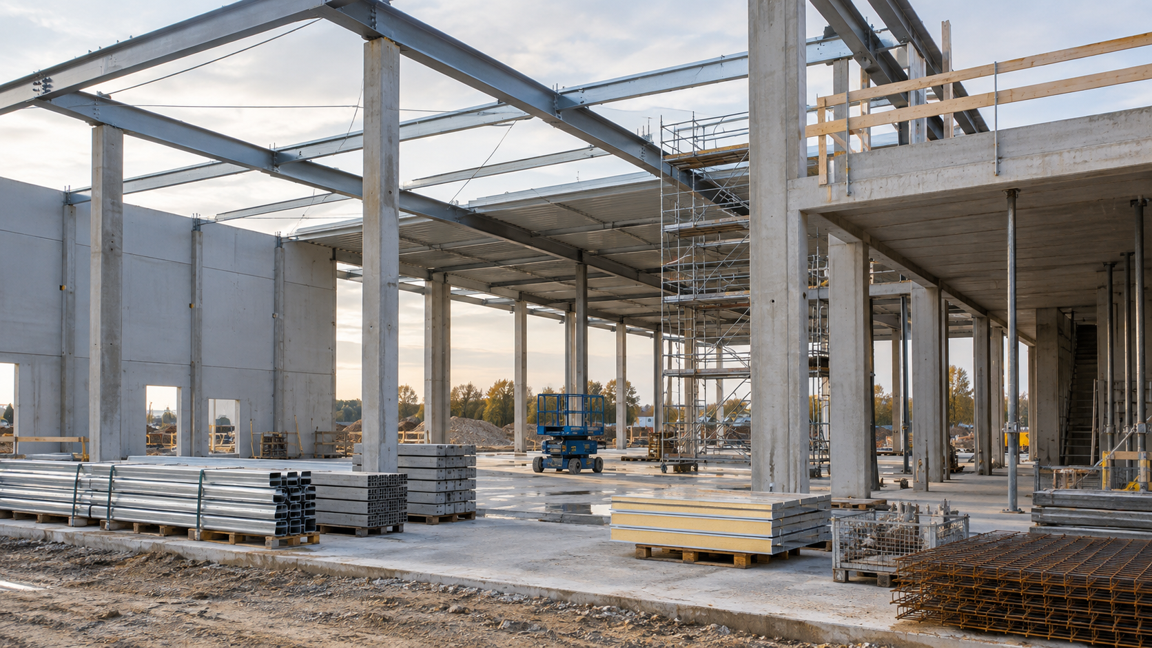 Konzeptvisualisierung einer Gewerbehalle im Rohbau